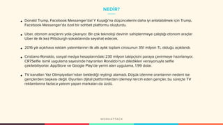 NEDİR?
• Donald Trump, Facebook Messenger’da! Y Kuşağı’na düşüncelerini daha iyi anlatabilmek için Trump,
Facebook Messenger’da özel bir sohbet platformu oluşturdu.
• Uber, otonom araçlarını yola çıkarıyor. Bir çok teknoloji devinin sahiplenmeye çalıştığı otonom araçlar
Uber ile ilk kez Pittsburgh sokaklarında seyahat edecek.
• 2016 yılı açıkhava reklam yatırımlarının ilk altı aylık toplam cirosunun 351 milyon TL olduğu açıklandı.
• Cristiano Ronaldo, sosyal medya hesaplarındaki 230 milyon takipçisini paraya çevirmeye hazırlanıyor.
CR7Selfie isimli uygulama sayesinde hayranları Ronaldo’nun diledikleri versiyonuyla selfie
çekilebiliyorlar. AppStore ve Google Play’de yerini alan uygulama, 1.99 dolar.
• TV kanalları Yaz Olimpiyatları‘ndan beklediği reytingi alamadı. Düşük izlenme oranlarının nedeni ise
gençlerden başkası değil. Oyunları dijital platformlardan izlemeyi tercih eden gençler, bu süreçte TV
reklamlarına fazlaca yatırım yapan markaları da üzdü.
 