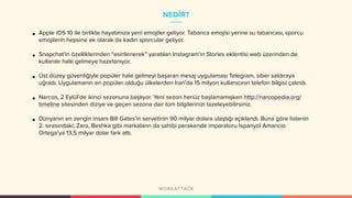 NEDİR?
• Apple iOS 10 ile birlikte hayatımıza yeni emojiler geliyor. Tabanca emojisi yerine su tabancası, sporcu
emojilerin hepsine ek olarak da kadın sporcular geliyor.
• Snapchat’in özelliklerinden “esinlenerek” yaratılan Instagram’ın Stories eklentisi web üzerinden de
kullanılır hale gelmeye hazırlanıyor.
• Üst düzey güvenliğiyle popüler hale gelmeyi başaran mesaj uygulaması Telegram, siber saldıraya
uğradı. Uygulamanın en popüler olduğu ülkelerden İran’da 15 milyon kullanıcının telefon bilgisi çalındı.
• Narcos, 2 Eylül’de ikinci sezonuna başlıyor. Yeni sezon henüz başlamamışken http://narcopedia.org/
timeline sitesinden diziye ve geçen sezona dair tüm bilgilerinizi tazeleyebilirsiniz.
• Dünyanın en zengin insanı Bill Gates’in servetinin 90 milyar dolara ulaştığı açıklandı. Buna göre listenin
2. sırasındaki; Zara, Beshka gibi markaların da sahibi perakende imparatoru İspanyol Amancio
Ortega’ya 13,5 milyar dolar fark attı.
 