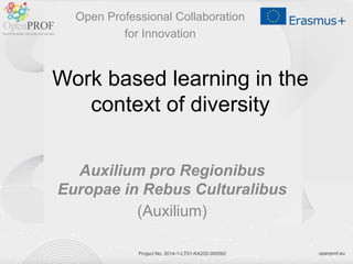 openprof.euProject No. 2014-1-LT01-KA202-000562
Work based learning in the
context of diversity
Auxilium pro Regionibus
Europae in Rebus Culturalibus
(Auxilium)
Open Professional Collaboration
for Innovation
 