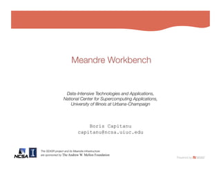 Meandre Workbench


                 Data-Intensive Technologies and Applications,!
                National Center for Supercomputing Applications, !
                    University of Illinois at Urbana-Champaign




                              Boris Capitanu
                          capitanu@ncsa.uiuc.edu 


The SEASR project and its Meandre infrastructure!
are sponsored by The Andrew W. Mellon Foundation
 