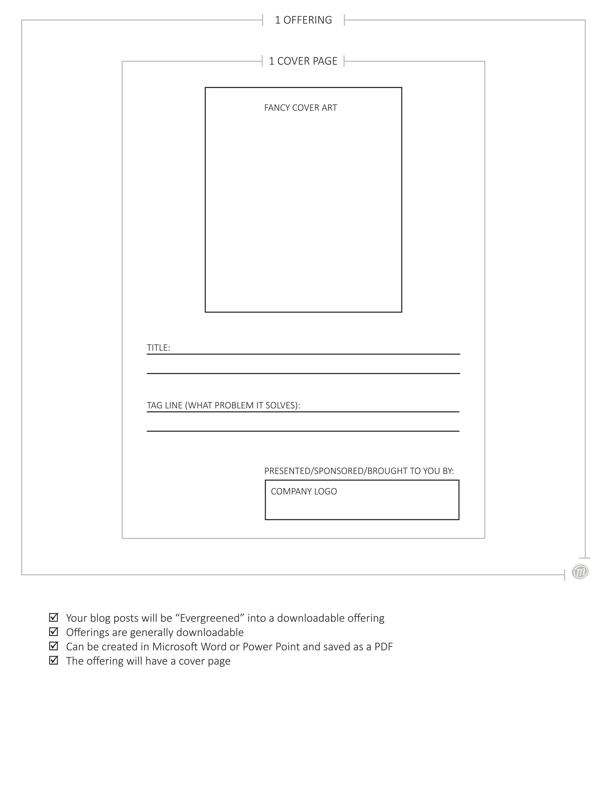 1 OFFERING
;; Your blog posts will be “Evergreened” into a downloadable offering
;; Offerings are generally downloadable
;; Can be created in Microsoft Word or Power Point and saved as a PDF
;; The offering will have a cover page
TAG LINE (WHAT PROBLEM IT SOLVES):
COMPANY LOGO
TITLE:
FANCY COVER ART
1 COVER PAGE
PRESENTED/SPONSORED/BROUGHT TO YOU BY:
 