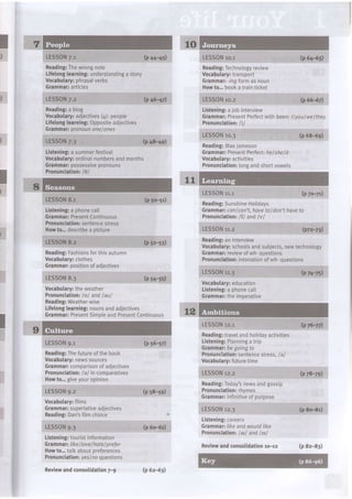 I)
Reading:Thewrongnote
Lifetonglearning:understandingastory
Vocabulary:phrasalverbs
6rammar:articles
LESSON2.2
Reading:a blog
Vocabulary:adjectives(+): people
Lifelonglearning:Oppositeadiectives
Grammaripronounonef ones
LESSON7.3
Listening:a summerfestival
Vocabulary:ordinalnumbersandmonths
Grammar:possessivepronouns
Pronunciation:/g/
Listening:a phonecall
GrammarrPresentContinuous
Pronunciation:sentencestress
Howto...describea picture
LESSON8.2
Reading:Fashionsforthisautumn
Vocabutary:clothes
Grammar:positionofadiectives
LESSON8.3 G 54-55)
Vocabulary:theweather
Pronunciation:lol andlaal
Reading:Weatherwise
Lifelonglearning:nounsandadjectives
Grammar:Present5impleandPresentContinuous
LESSON9.1
Reading:Thefutureofthebook
Vocabutary:newssources
Grammar:comparisonofadjectlves
Pronunciation:/a/ incomparatives
Howto...giveyouropinion
IESSON9.2
Vocabulary:films
Grammarrsuperlativeadjectives
Reading:Dan'sfilmchoice
LESSON9.3
Listening:touristinformation
GrammarIlikeI loveIhateIprefel
Howto...talkaboutpreferences
Pronunciation:yes/roquestions
Reviewandconsolidation7-9
(ps6-st)
(ps8-sg)
(p6o6r)
bQ+-6sl
(? 66-47)
Listening:ajobinterview
Grammar:PresentPerfectwithbeen:llyoulwelthey
Pronunciation:/i/
LESSON1o.3 (p68-6g)
Reading:lvlaelameson
Grammar:PresentPerfect:heIsheIit
Vocabulary:activities
Pronunciation:longandshortvowels
LESSONrr.r (? 70-21)
Reading:SunshineHolidays
Grammacconlcan't, havetoldon't haveto
Pronunciation:lfl and lvl
LESSONrr.z (ptz-tl)
Reading:aninterview
Vocabulary:schoolsandsubjects,newtechnology
Grammar:reviewofwh-questions
Pronunciation:intonationof Lyh-questions
LESSON::.3
Vocabutary:education
Listening:a phonecall
Grammarltheimperative
LESSON12.1
(p+6-+t)
LESSONro.r
Reading:Technologyreview
Vocabulary:transport
Grammar:-fig formas noun
Howto...booka trainticket
IESSONro.z
(p 48-49)
TI
)
I
0 sz-sr)
Reading:travelandholidayactivities
ListeningrPlanningatrip
Grammanbegoingto
Pronunciation:sentencestress,/a/
Vocabutary:futuretime
LISSON12.2
Reading:Today'snewsandgossip
Pronunciationrrhymes
Grammar:infinit;veofpurpose
LESS0Nrz.3
Listening:careers
Grammarr1/keandwouldlike
Pronunciation:lal andlerl
Reviewandconsotidationro-rz
(918-7s,
(p8o-8r)
b qq-+i
(p6z-6E)
(p 82-83)
 