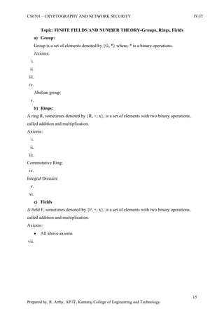 CS6701 – CRYPTOGRAPHY AND NETWORK SECURITY IV IT
15
Prepared by, R. Arthy, AP/IT, Kamaraj College of Engineering and Technology
Topic: FINITE FIELDS AND NUMBER THEORY-Groups, Rings, Fields
a) Group:
Group is a set of elements denoted by {G, *} where, * is a binary operations.
Axioms:
i.
ii.
iii.
iv.
Abelian group:
v.
b) Rings:
A ring R, sometimes denoted by {R, +, x}, is a set of elements with two binary operations,
called addition and multiplication.
Axioms:
i.
ii.
iii.
Commutative Ring:
iv.
Integral Domain:
v.
vi.
c) Fields
A field F, sometimes denoted by {F, +, x}, is a set of elements with two binary operations,
called addition and multiplication.
Axioms:
 All above axioms
vii.
 