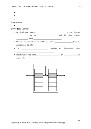 CS6701 – CRYPTOGRAPHY AND NETWORK SECURITY IV IT
44
Prepared by, R. Arthy, AP/IT, Kamaraj College of Engineering and Technology



Disadvantages:

Circuit Level Gateway:
 A circuit-level gateway ________________________________, one between
____________ and an ____________________, and the other between
_____________ and a _______________________________.
 Once the two connections are established, it relays ___________________ from one
connection to the other ______________________________________________.
 The ____________________________ consists of determining which
_________________________________________.
 It is typically used when __________________________ are _______________ to
decide what ____________________________________.
 