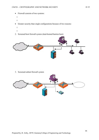 CS6701 – CRYPTOGRAPHY AND NETWORK SECURITY IV IT
46
Prepared by, R. Arthy, AP/IT, Kamaraj College of Engineering and Technology
 Firewall consists of two systems:
o
o
 Greater security than single configurations because of two reasons:
o
o
2. Screened host firewall system (dual-homed bastion host)
3. Screened-subnet firewall system
 