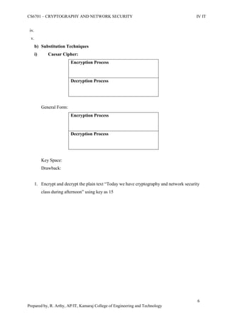 CS6701 – CRYPTOGRAPHY AND NETWORK SECURITY IV IT
6
Prepared by, R. Arthy, AP/IT, Kamaraj College of Engineering and Technology
iv.
v.
b) Substitution Techniques
i) Caesar Cipher:
Encryption Process
Decryption Process
General Form:
Encryption Process
Decryption Process
Key Space:
Drawback:
1. Encrypt and decrypt the plain text “Today we have cryptography and network security
class during afternoon” using key as 15
 