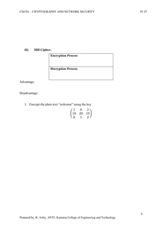 CS6701 – CRYPTOGRAPHY AND NETWORK SECURITY IV IT
9
Prepared by, R. Arthy, AP/IT, Kamaraj College of Engineering and Technology
iii) Hill Cipher:
Encryption Process
Decryption Process
Advantage:
Disadvantage:
1. Encrypt the plain text “welcome” using the key
( )
 
