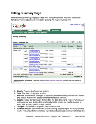 Billing Summary Page
On the Billing Summary page you'll see your billing history and invoices. Access de-
tailed information about each invoice by clicking the invoice number link.




   1. Month: The month of reported activity.
   2. Date: The date of payment activity.
   3. Activity: Adjustments, charges, or declined payments during the reported month,
      and unique invoices for each payment toward your account.
   4. Credits: Costs per campaign itemized by the date billed and invoice number. Ad-
      justments are also itemized (promotional credits, credits for invalid charges to-
      ward your account, and courtesy credits).
   5. Charges: Subtotaled charges for the current month.
   6. Balance: May be carried forward or outstanding, depending on the last payment
      made. The amount shown reﬂects reported costs accrued and may not reﬂect the

                  AdWords™ Seminar for Success - Copyright 2007, Sitening LLC   Page 38 of 68
 