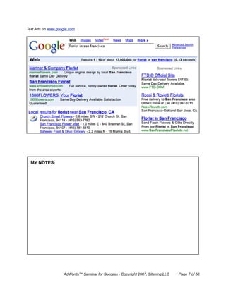Text Ads on www.google.com




  MY NOTES:




                    AdWords™ Seminar for Success - Copyright 2007, Sitening LLC   Page 7 of 68
 