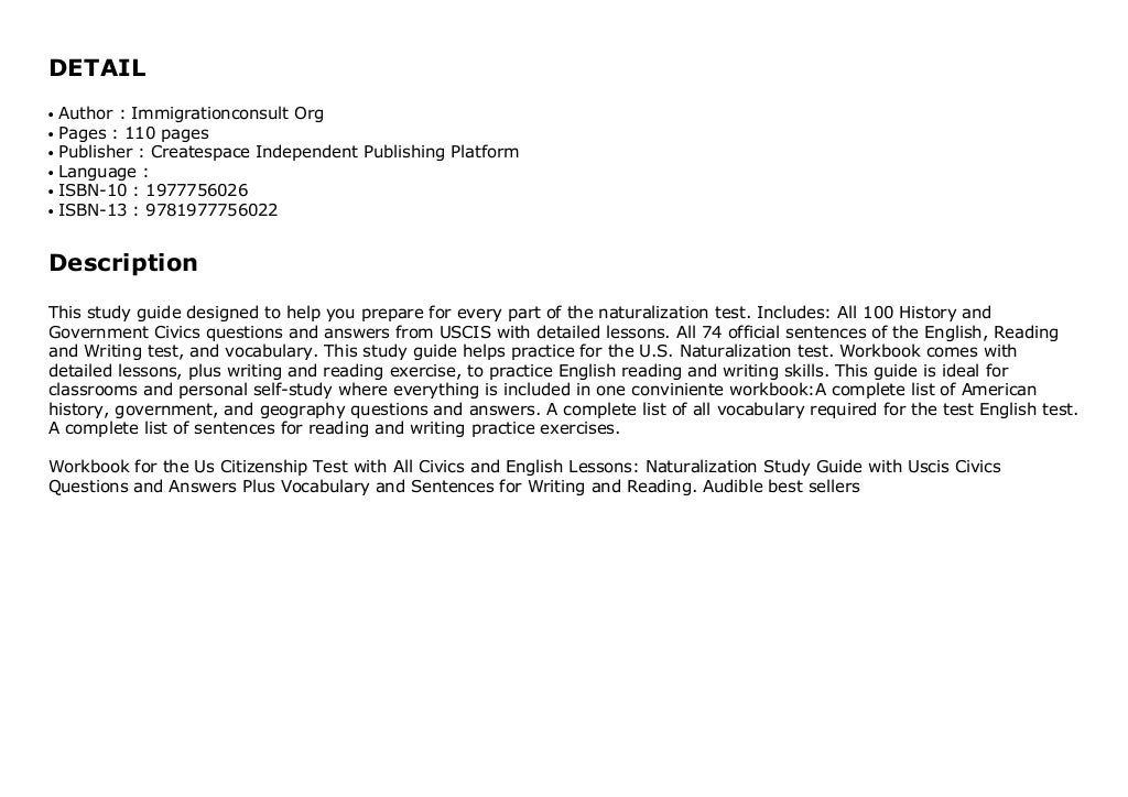 Workbook for the Us Citizenship Test with All Civics and English