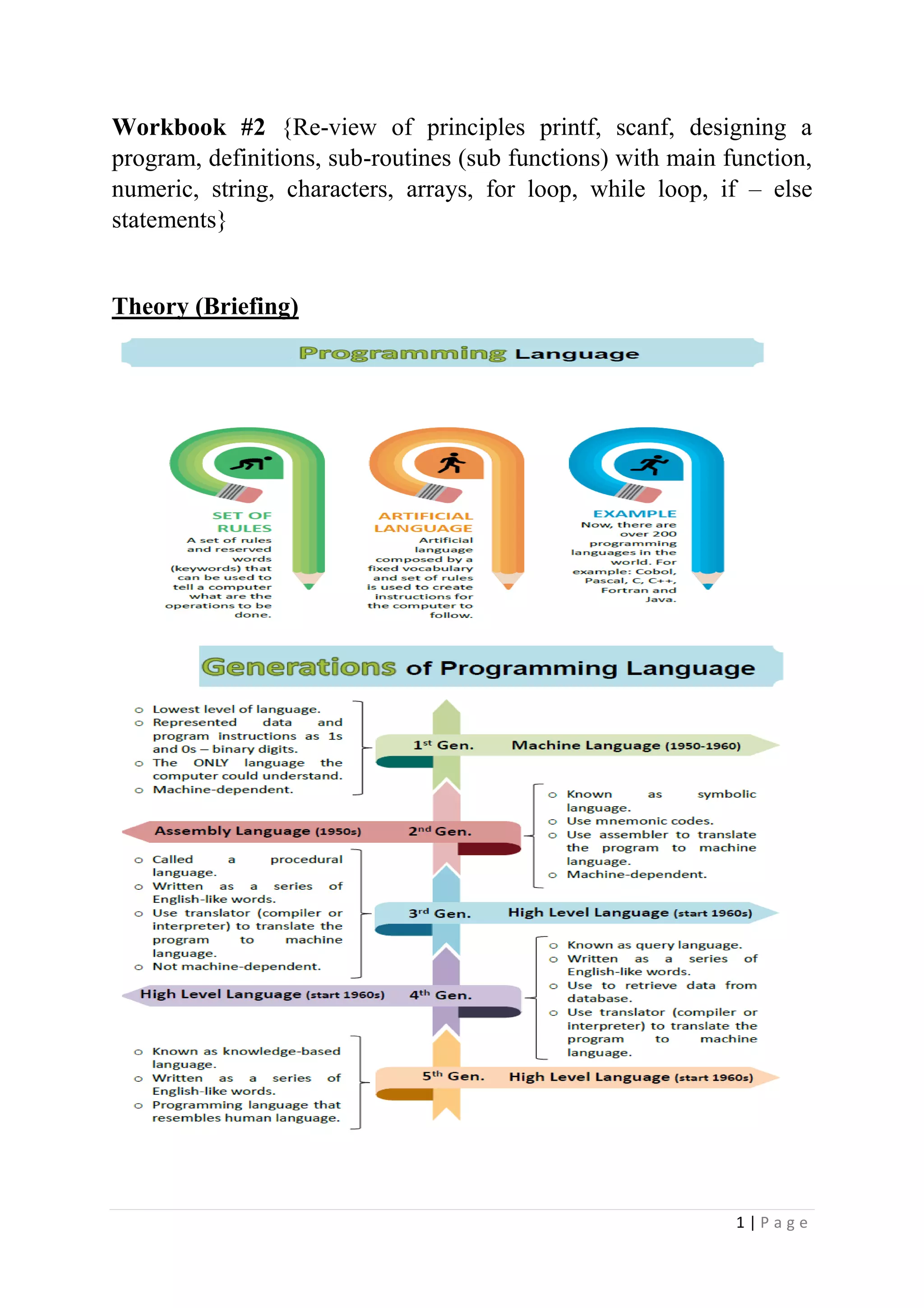 1 | P a g e
Workbook #2 {Re-view of principles printf, scanf, designing a
program, definitions, sub-routines (sub functions) with main function,
numeric, string, characters, arrays, for loop, while loop, if – else
statements}
Theory (Briefing)
 