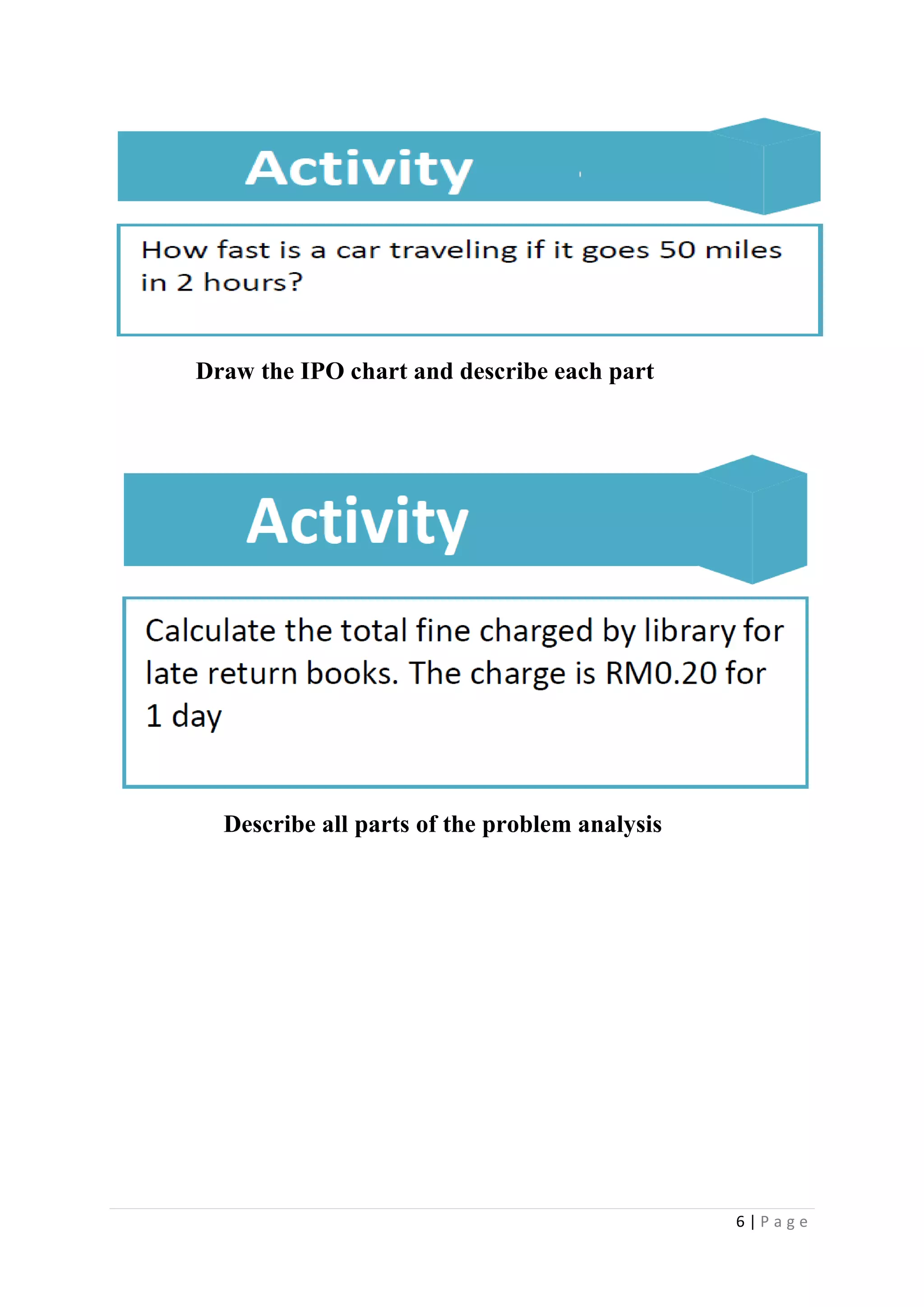 6 | P a g e
Draw the IPO chart and describe each part
Describe all parts of the problem analysis
 