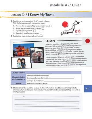 module 4 // Unit 1
47
Lesson 3 » I Know My Town!
1.	Read these sentences about Kenji’s country, Japan.
Tick the facts you already know about Japan.
	1.	 The red disc in Japan’s flag represents the sun. 
	2.	 Anime and Manga started in Japan. 
	3.	 Japan has many islands. 
	4.	 Karaoke is very famous in Japan. 
2.	 Read about Japan and complete the chart.
Country’s name:
Characteristics
and Importance
words to describe the country
typical products and animals
a unique characteristic
People words to describe its people
3.	Choose one of the countries on page 45. Find information about the country, its products,
animals, culture and people. Then use your notes and the text in exercise 2 to help you write a
short paragraph.
	 			 	 JAPAN
Japan is a very interesting country with many
contrasts. It is an old culture with strong traditions,
but at the same time, it is very modern. Japan is a
crowded island with some busy, large cities but the
countryside is beautiful and peaceful. Japan is also an
artistic centre and Anime and Manga come from here.
There are lots of different animals: giant salamanders,
spidercrabs and snow monkeys. Some Japanese products
are: cars, computers, mobile phones. Japan also produces
a lot of different food, for example: rice, tea and sugar.
The people are hard-working, disciplined and organized.
is
WB_way_to_go_L6_M4_OK.indd 47 10/12/16 8:03 p.m.
 