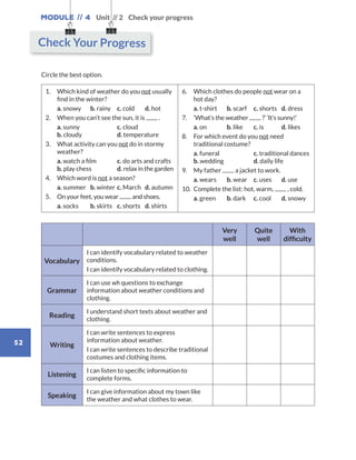 Module // 4
52
Unit // 2 Check your progress
Circle the best option.
1.	Which kind of weather do you not usually
find in the winter?
	 a. snowy	 b. rainy	 c. cold	 d. hot
2.	 When you can’t see the sun, it is .
	a. sunny		 c. cloud		
b. cloudy		 d. temperature
3.	What activity can you not do in stormy
weather?
	a. watch a film	 c. do arts and crafts	
b. play chess	 d. relax in the garden
4.	 Which word is not a season?
	 a. summer	 b. winter	c. March	 d. autumn
5.	On your feet, you wear and shoes.
	 a. socks	 b. skirts	 c. shorts	 d. shirts
6.	Which clothes do people not wear on a
hot day?
	 a. t-shirt	 b. scarf 	 c. shorts	 d. dress
7.	‘What’s the weather ?’ ‘It’s sunny!’
	 a. on	 b. like	 c. is	 d. likes
8.	For which event do you not need
traditional costume?
	a. funeral		 c. traditional dances	
b. wedding		 d. daily life
9.	 My father a jacket to work.
	 a. wears	 b. wear	 c. uses	 d. use
10.	Complete the list: hot, warm, , cold.
	 a. green	 b. dark	 c. cool	 d. snowy
Very
well
Quite
well
With
difficulty
Vocabulary
I can identify vocabulary related to weather
conditions.
I can identify vocabulary related to clothing.
Grammar
I can use wh questions to exchange
information about weather conditions and
clothing.
Reading
I understand short texts about weather and
clothing.
Writing
I can write sentences to express
information about weather.
I can write sentences to describe traditional
costumes and clothing items.
Listening
I can listen to specific information to
complete forms.
Speaking
I can give information about my town like
the weather and what clothes to wear.
Check Your Progress
WB_way_to_go_L6_M4_OK.indd 52 10/12/16 8:03 p.m.
 