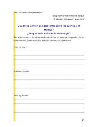 que otro mortal bien podría usar…”
                                              “Las personas no tienen éxito porque
                                               no saben en qué quieren tener éxito”


     ¿Cuántos sienten esa dicotomía entre los sueños y el
                                     trabajo?
                 ¿En qué estás enfocando tu energía?
“Las visiones nacen del deseo profundo de las personas de trascender, de ser
extraordinarias y al ser reveladas merecen estar escritas y plasmadas”


Visón de vida:
………………………………………………………………………………………………………………………………………………..

………………………………………………………………………………………………………………………………………………..

………………………………………………………………………………………………………………………………………………..

………………………………………………………………………………………………………………………………………………..



Visión empresarial:
………………………………………………………………………………………………………………………………………………..

………………………………………………………………………………………………………………………………………………..

………………………………………………………………………………………………………………………………………………..

………………………………………………………………………………………………………………………………………………..



Sueños y desafíos:
………………………………………………………………………………………………………………………………………………..

………………………………………………………………………………………………………………………………………………..

………………………………………………………………………………………………………………………………………………..

………………………………………………………………………………………………………………………………………………..



                                                                                13
 