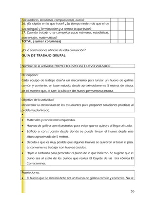 calculadoras, lavadoras, computadoras, autos?
26. ¿Es rápido en lo que hace? ¿Su tiempo rinde más que el de
sus colegas? ¿Termina bien y a tiempo lo que hace?
27. Cuando trabaja o se comunica ¿usas números, estadísticas,
porcentajes, matemáticas?
TOTAL (sumar columnas)

¿Qué conclusiones obtiene de esta evaluación?
GUIA DE TRABAJO GRUPAL


Nombre de la actividad: PROYECTO ESPECIAL HUEVO VOLADOR

Descripción:
Cada equipo de trabajo diseña un mecanismo para lanzar un huevo de gallina
común y corriente, en buen estado, desde aproximadamente 5 metros de altura,
de tal manera que, al caer, la cáscara del huevo permanezca intacta.

Objetivo de la actividad:
Desarrollar la creatividad de los estudiantes para proponer soluciones prácticas al
problema planteado.
•
•   Materiales y condiciones requeridas.
•   Huevos de gallina con el prototipo para evitar que se quiebre al llegar al suelo.
•   Edificio o construcción desde donde se pueda lanzar el huevo desde una
    altura aproximada de 5 metros.
•   Debido a que es muy posible que algunos huevos se quiebren al tocar el piso,
    es conveniente trabajar con huevos cocidos.
•   Hojas o cartulina para presentar el plano de lo que hicieron. Se sugiere que el
    plano sea al estilo de los planos que realiza El Coyote de las tira cómica El
    Correcaminos.

Restricciones:
•   El huevo que se lanzará debe ser un huevo de gallina común y corriente. No se



                                                                                   36
 