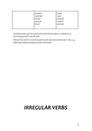washed
watched
kissed
danced
fixed
loved
used
amazed
rubbed
claimed
Voiced sounds use the vocal cords and they produce a vibration or
humming sound in the throat.
Words that end in a vowel sound use de /d/ pronunciation for -ed. e. g.
followed, enjoyed, played, tried, continued.
IRREGULAR VERBS
36
 