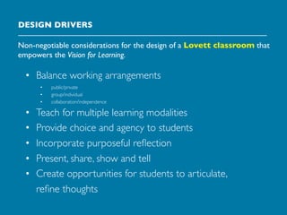 DESIGN DRIVERS

Non-negotiable considerations for the design of a Lovett classroom that
empowers the Vision for Learning.
...