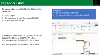 Replace cell data
To replace a data of a cell (AI) by the data in another
cell (AJ) by
⮚ Go to cell (AJ)
⮚ Use you mouse to hold the border of cell (AJ)
⮚ Drag or drop it on cell (AI)
Note that
▪ the data in cell (AJ) is deleted
▪ The data and its format is moved to cell (AI)
If you wish to keep the data of (Aj), you can use the
copy (CTRL + C) and paste (CTRL + V) option.
This gives you more flexibility with type of paste
This gives you more flexibility with type of paste
 