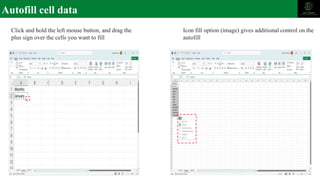 Autofill cell data
Click and hold the left mouse button, and drag the
plus sign over the cells you want to fill
Icon fill option (image) gives additional control on the
autofill
 