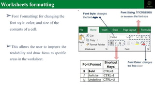 ➢Font Formatting: for changing the
font style, color, and size of the
contents of a cell.
➢This allows the user to improve the
readability and draw focus to specific
areas in the worksheet.
Worksheets formatting
 