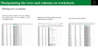 Manipulating the rows and columns on worksheets
Deleting rows or columns:
Select an entire column or row by clicking
the column letter or row numbers in the
worksheet border.
Right-click and choose Delete from the
shortcut menu. (or Ctrl - )
The column will be deleted.
 