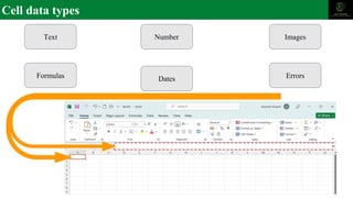 Cell data types
Text Number
Dates
Formulas Errors
Images
 