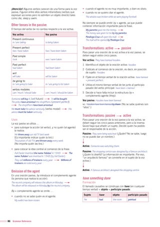 86 Grammar Reference
¡Atención! Algunos verbos carecen de una forma para la voz
pasiva. Figuran entre ellos verbos intransitivos (verbos que
expresan acciones pero no admiten un objeto directo) tales
como die, sleep y swim.
Other tenses in the passive
El tiempo del verbo be no cambia respecto a la voz activa.
Voz activa Voz pasiva
Present continuous
is / are taking is being taken
Present perfect
has / have taken has / have been taken
Past simple
took was / were taken
Past perfect
had taken had been taken
will
will take will be taken
be going to
is / are going to take is / are going to be taken
verbos modales
can / must / should take can / must / should be taken
Someone will buy it. (will futuro) It will be bought.
The police have arrested the shoplifters. (present perfect)
The shoplifters have been arrested.
We must take his advice seriously. (verbo modal) His
advice must be taken seriously.
Usos
La voz pasiva se utiliza …
•	 para subrayar la acción (el verbo), y no quién (el agente)
la realiza.
We threw away our old TV last week.
(Es importante indicar quién la tiró.)
Thousands of old TVs are thrown away every week.
(No importa quién las tira.)
•	 para colocar la idea central al comienzo de la frase.
Adi Dasler invented the name ‘Adidas’ in 1948. The
name ‘Adidas’ was invented in 1948 (by Adi Dasler).
They sell millions of trainers every year. Millions of
trainers are sold every year.
Omission of the agent
En una oración pasiva, by introduce el complemento agente
(la persona que realiza la acción).
The record company will release the album on Monday.
The album will be released on Monday by the record company.
By + complemento agente se omite …
•	 cuando no se sabe quién es el agente.
My wallet has been stolen.
•	 cuando el agente no es muy importante, o bien es obvio.
•	 cuando no se quiere citar el agente.
The window was broken while we were playing football.
No siempre se puede omitir by + agente, ya que puede
contener información importante para la frase.
My parents gave me the money.
The money was given to me by my parents.
Penélope Cruz will open the mall.
The mall will be opened by Penélope Cruz.
Transformations: active passive
Para pasar una oración de la voz activa a la voz pasiva, se
deben seguir estos cinco pasos.
Voz activa: They have banned hoodies.
1 Identifica el objeto de la oración activa: hoodies
2 Colócalo al comienzo de la oración, es decir, en posición
de sujeto: Hoodies
3 Fíjate en el tiempo verbal de la oración activa: have banned
= present perfect
4 Utiliza el mismo tiempo verbal de be junto al participio
pasado del verbo principal: have been + banned
5 Decide si hace falta incluir la estructura by +
complemento agente (they):
Voz pasiva: Hoodies have been banned.
no Hoodies have been banned by them. (No se sabe quiénes son
“ellos”.)
Transformations: passive active
Para pasar una oración de la voz pasiva a la voz activa, se
deben seguir los cinco pasos anteriores, pero a la inversa.
Quizá haya que añadir un sujeto. Decide quién ha podido
ser el responsable de la acción.
Passive: They were being watched. (¿Quién? No se sabe, luego
no se puede dar un nombre.)
Active: Someone was watching them.
Passive: The shopping centre was designed by a famous architect.
(¿Quién lo diseñó? La información es importante. Por eso,
“un arquitecto famoso” se convierte en el sujeto de la voz
activa.)
Active: A famous architect designed the shopping centre.
have something done
Formación
El llamado causativo se construye con have (en cualquier
tiempo verbal) + objeto + participio pasado.
Sujeto have objeto participio pasado
‘He had the room painted.
 