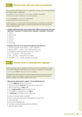 Phrasal Verb Reference 93
UNIT 7 Phrasal verbs with more than one meaning
Muchos phrasal verbs tienen más de un significado y pueden variar sus características
gramaticales según el significado.
Please turn the radio / heating / air conditioning up. (transitive / separable)
Por favor, sube la radio / la calefacción / el aire acondicionado.
The police turned up five minutes later. (intransitive)
La policía apareció cinco minutos más tarde.
Cuando busques un nuevo phrasal verb en el diccionario, recuerda que, además de
mirar el significado, debes fijarte en la estructura gramatical del verbo para poder
utilizarlo correctamente.
5 ¿Cuántos significados tienen estos phrasal verbs? Utiliza un diccionario. Para cada
significado, comprueba si el phrasal verb es separable, inseparable o intransitivo.
1 hold up
2 come across
3 take off
4 make up
5 pick up
6 get through
6 Completa cada frase con un phrasal verb adecuado del ejercicio 5.
1 He’s got a great CV, but he doesn’t well in interviews.
2 My dad used to stories for us when we were young.
3 I thought the exams would last for ever, but I them.
4 He his glasses and cleaned them.
5 She the dog and put him in his basket.
6 The traffic us and we arrived ten minutes late.
UNIT 8 Phrasal verbs in contemporary language
Todos los phrasal verbs son bastante informales. No solemos emplearlos en escritos
muy formales. Algunos phrasal verbs solo se utilizan en contextos muy coloquiales.
Stop worrying and chill out! ¡Deja de preocuparte y relájate!
Constantemente están apareciendo nuevos phrasal verbs para expresar conceptos
actuales o avances tecnológicos. De aquí a que este libro aparezca publicado, se
habrán inventado unos cuantos phrasal verbs nuevos.
7 Relaciona los phrasal verbs en negrita 1–6 y las definiciones A–F.
1 The DJ bigged up the band’s new album.
2 My mum is going to freak out when she sees my new haircut.
3 When I email Anna, I’ll copy you in.
4 Anna hangs out with Caroline and Gemma a lot.
5 I’ve forgotten my password so I can’t log in.
6 I crashed out on the sofa as soon as I got home.
A access a computer system or website
B send a copy of an email that you have written for someone else
C spend time with
D recommend enthusiastically
E fall asleep immediately because you are really tired
F get very angry or excited
 