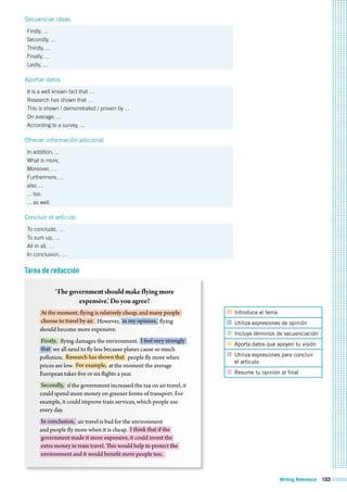 Writing Reference 103
Secuenciar ideas
Firstly, ...
Secondly, ...
Thirdly, ...
Finally, ...
Lastly, ...
Aportar datos
It is a well known fact that …
Research has shown that …
This is shown / demonstrated / proven by ...
On average, ...
According to a survey, ...
Ofrecer información adicional
In addition, ...
What is more,
Moreover, …
Furthermore, ...
also ...
... too.
... as well.
Concluir el artículo
To conclude, …
To sum up, …
All in all, …
In conclusion, …
Tarea de redacción
Introduce el tema
Utiliza expresiones de opinión
Incluye términos de secuenciación
Aporta datos que apoyen tu visión
Utiliza expresiones para concluir
el artículo
Resume tu opinión al final
‘Thegovernmentshouldmakeflyingmore
expensive.’Doyouagree?
At the moment, flying is relatively cheap, and many people
choose to travel by air. However, in my opinion, flying
should become more expensive.
Firstly, flying damages the environment. I feel very strongly
that we all need to fly less because planes cause so much
pollution. Research has shown that people fly more when
prices are low. For example, at the moment the average
European takes five or six flights a year.
Secondly, if the government increased the tax on air travel, it
could spend more money on greener forms of transport. For
example, it could improve train services, which people use
every day.
In conclusion, air travel is bad for the environment
and people fly more when it is cheap. I think that if the
government made it more expensive, it could invest the
extra money in train travel. This would help to protect the
environment and it would benefit more people too.
 