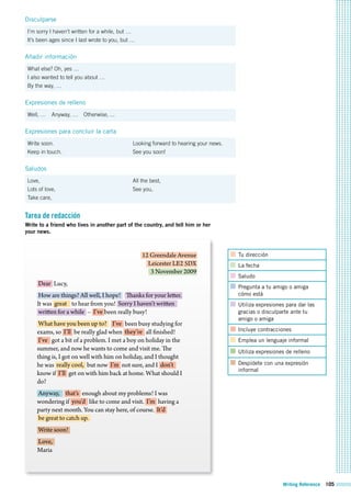 Writing Reference 105
Disculparse
I’m sorry I haven’t written for a while, but …
It’s been ages since I last wrote to you, but …
Añadir información
What else? Oh, yes …
I also wanted to tell you about …
By the way, …
Expresiones de relleno
Well, … Anyway, … Otherwise, ...
Expresiones para concluir la carta
Write soon.
Keep in touch.
Looking forward to hearing your news.
See you soon!
Saludos
Love,
Lots of love,
Take care,
All the best,
See you,
Tarea de redacción
Write to a friend who lives in another part of the country, and tell him or her
your news.
Tu dirección
La fecha
Saludo
Pregunta a tu amigo o amiga
cómo está
Utiliza expresiones para dar las
gracias o disculparte ante tu
amigo o amiga
Incluye contracciones
Emplea un lenguaje informal
Utiliza expresiones de relleno
Despídete con una expresión
informal
12 Greendale Avenue
Leicester LE2 5DX
3 November 2009
Dear Lucy,
How are things? All well, I hope! Thanks for your letter.
It was great to hear from you! Sorry I haven’t written
written for a while – I’ve been really busy!
What have you been up to? I’ve been busy studying for
exams, so I’ll be really glad when they’re all finished!
I’ve got a bit of a problem. I met a boy on holiday in the
summer, and now he wants to come and visit me. The
thing is, I got on well with him on holiday, and I thought
he was really cool, but now I’m not sure, and I don’t
know if I’ll get on with him back at home. What should I
do?
Anyway, that’s enough about my problems! I was
wondering if you’d like to come and visit. I’m having a
party next month. You can stay here, of course. It’d
be great to catch up.
Write soon!
Love,
Maria
 