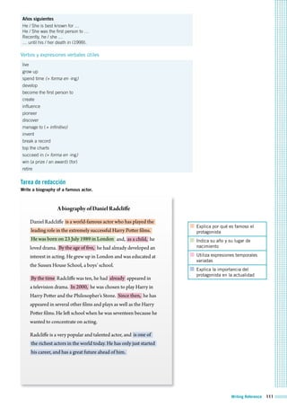 Writing Reference 111
Años siguientes
He / She is best known for …
He / She was the first person to …
Recently, he / she …
… until his / her death in (1999).
Verbos y expresiones verbales útiles
live
grow up
spend time (+ forma en -ing)
develop
become the first person to
create
influence
pioneer
discover
manage to (+ infinitivo)
invent
break a record
top the charts
succeed in (+ forma en -ing)
win (a prize / an award) (for)
retire
Tarea de redacción
Write a biography of a famous actor.
Explica por qué es famoso el
protagonista
Indica su año y su lugar de
nacimiento
Utiliza expresiones temporales
variadas
Explica la importancia del
protagonista en la actualidad
AbiographyofDanielRadcliffe
Daniel Radcliffe is a world-famous actor who has played the
leading role in the extremely successful Harry Potter films.
He was born on 23 July 1989 in London and, as a child, he
loved drama. By the age of five, he had already developed an
interest in acting. He grew up in London and was educated at
the Sussex House School, a boys’ school.
By the time Radcliffe was ten, he had already appeared in
a television drama. In 2000, he was chosen to play Harry in
Harry Potter and the Philosopher’s Stone. Since then, he has
appeared in several other films and plays as well as the Harry
Potter films. He left school when he was seventeen because he
wanted to concentrate on acting.
Radcliffe is a very popular and talented actor, and is one of
the richest actors in the world today. He has only just started
his career, and has a great future ahead of him.
 