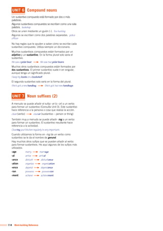 114 Word-building Reference
UNIT 6 Compound nouns
Un sustantivo compuesto está formado por dos o más
palabras.
Algunos sustantivos compuestos se escriben como una sola
palabra. bookshop
Otros se unen mediante un guión (-). fox-hunting
Algunos se escriben como dos palabras separadas. police
officer
No hay reglas que te ayuden a saber cómo se escribe cada
sustantivo compuesto. Utiliza siempre un diccionario.
Muchos sustantivos compuestos están formados por un
adjetivo y un sustantivo. En la forma plural solo varía el
sustantivo.
We saw a polar bear. We saw two polar bears.
Muchos otros sustantivos compuestos están formados por
dos sustantivos. El primer sustantivo suele ir en singular,
aunque tenga un significado plural.
I keep my books on a bookshelf.
El segundo sustantivo solo varía en la forma del plural.
She’s got a new handbag. She’s got two new handbags.
UNIT 7 Noun suffixes (2)
A menudo se puede añadir el sufijo -er (o -or) a un verbo
para formar un sustantivo (Consulta Unit 3). Este sustantivo
hace referencia a la persona o cosa que realiza la acción.
clean (verbo) cleaner (sustantivo – person or thing)
También muy a menudo se puede añadir -ing a un verbo
para formar un sustantivo. El sustantivo resultante hace
referencia a la actividad.
Cleaning your kitchen regularly is very important.
Cuando utilizamos la forma en -ing de un verbo como
sustantivo se le da el nombre de gerund.
Hay muchos otros sufijos que se pueden añadir al verbo
para formar sustantivos. He aquí algunos de los sufijos más
utilizados:
-age marry marriage
-al arrive arrival
-ance disturb disturbance
-ation organize organization
-ence depend dependence
-ion possess possession
-ment achieve achievement
 