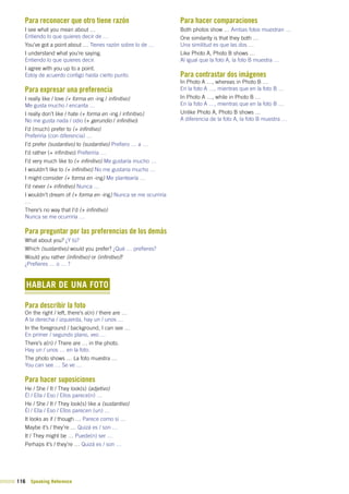 116 Speaking Reference
Para reconocer que otro tiene razón
I see what you mean about …
Entiendo lo que quieres decir de …
You’ve got a point about … Tienes razón sobre lo de …
I understand what you’re saying.
Entiendo lo que quieres decir.
I agree with you up to a point.
Estoy de acuerdo contigo hasta cierto punto.
Para expresar una preferencia
I really like / love (+ forma en -ing / infinitivo)
Me gusta mucho / encanta …
I really don’t like / hate (+ forma en -ing / infinitivo)
No me gusta nada / odio (+ gerundio / infinitivo)
I’d (much) prefer to (+ infinitivo)
Preferiría (con diferencia) …
I’d prefer (sustantivo) to (sustantivo) Prefiero … a …
I’d rather (+ infinitivo) Preferiría …
I’d very much like to (+ infinitivo) Me gustaría mucho …
I wouldn’t like to (+ infinitivo) No me gustaría mucho …
I might consider (+ forma en -ing) Me plantearía …
I’d never (+ infinitivo) Nunca …
I wouldn’t dream of (+ forma en -ing) Nunca se me ocurriría
…
There’s no way that I’d (+ infinitivo)
Nunca se me ocurriría …
Para preguntar por las preferencias de los demás
What about you? ¿Y tú?
Which (sustantivo) would you prefer? ¿Qué … prefieres?
Would you rather (infinitivo) or (infinitivo)?
¿Prefieres … o … ?
HABLAR DE UNA FOTO
Para describir la foto
On the right / left, there’s a(n) / there are …
A la derecha / izquierda, hay un / unos …
In the foreground / background, I can see …
En primer / segundo plano, veo …
There’s a(n) / There are … in the photo.
Hay un / unos … en la foto.
The photo shows … La foto muestra …
You can see … Se ve …
Para hacer suposiciones
He / She / It / They look(s) (adjetivo)
Él / Ella / Eso / Ellos parece(n) …
He / She / It / They look(s) like a (sustantivo)
Él / Ella / Eso / Ellos parecen (un) …
It looks as if / though … Parece como si …
Maybe it’s / they’re … Quizá es / son …
It / They might be … Puede(n) ser …
Perhaps it’s / they’re … Quizá es / son …
Para hacer comparaciones
Both photos show … Ambas fotos muestran …
One similarity is that they both …
Una similitud es que las dos …
Like Photo A, Photo B shows …
Al igual que la foto A, la foto B muestra …
Para contrastar dos imágenes
In Photo A …, whereas in Photo B …
En la foto A …, mientras que en la foto B …
In Photo A …, while in Photo B …
En la foto A …, mientras que en la foto B …
Unlike Photo A, Photo B shows …
A diferencia de la foto A, la foto B muestra …
 