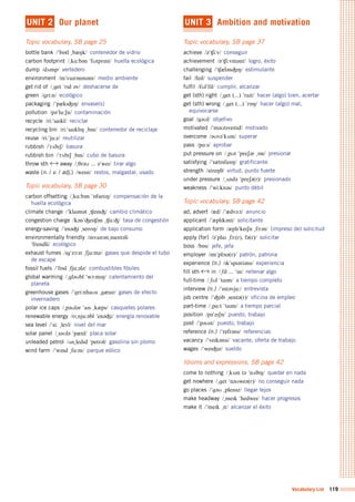 Vocabulary List 119
UNIT 2 Our planet
Topic vocabulary, SB page 25
bottle bank /"bQtl	%b&Nk/	 contenedor de vidrio
carbon footprint /%kA:b@n	"fUtprInt/	 huella ecológica
dump /dVmp/	 vertedero
environment /In"vaIr@nm@nt/	 medio ambiente
get rid of /%get	"rId	@v/	 deshacerse de
green /gri:n/	 ecológico
packaging /"p&kIÙIN/	 envase(s)
pollution /p@"lu:Sn/	 contaminación
recycle /ri:"saIkl/	 reciclar
recycling bin /ri:"saIklIN	%bIn/	 contenedor de reciclaje
reuse /ri:"ju:z/	 reutilizar
rubbish /"rVbIS/	 basura
rubbish bin /"rVbIS	%bIn/	 cubo de basura
throw sth away /%Tr@U	...	@"weI/	 tirar algo
waste (n. / v. / adj.) /weIst/	 restos, malgastar, usado
Topic vocabulary, SB page 30
carbon offsetting /%kA:b@n	"QfsetIN/	 compensación de la
huella ecológica
climate change /"klaIm@t	%ÍeInÙ/	 cambio climático
congestion charge /k@n"ÙesÍ@n	%ÍA:Ù/	 tasa de congestión
energy-saving /"en@Ùi	%seIvIN/	 de bajo consumo
environmentally friendly /InvaIr@n%ment@li	
"frendli/	 ecológico
exhaust fumes /Ig"zO:st	%fju:mz/	 gases que despide el tubo
de escape
fossil fuels /"fQsl	%fju:@lz/	 combustibles fósiles
global warming /%gl@Ubl	"wO:mIN/	 calentamiento del
planeta
greenhouse gases /"gri:nhaUs	%g&sIz/	 gases de efecto
invernadero
polar ice caps /%p@Ul@r	"aIs	%k&ps/	 casquetes polares
renewable energy /rI%nju:@bl	"en@Ùi/	 energía renovable
sea level /"si:	%levl/	 nivel del mar
solar panel /%s@Ul@	"p&nl/	 placa solar
unleaded petrol /Vn%ledId	"petr@l/	 gasolina sin plomo
wind farm /"wInd	%fA:m/	 parque eólico
UNIT 3 Ambition and motivation
Topic vocabulary, SB page 37
achieve /@"Íi:v/	 conseguir
achievement /@"Íi:vm@nt/	 logro, éxito
challenging /"Í&l@nÙIN/	 estimulante
fail /feIl/	 suspender
fulfil /fUl"fIl/	 cumplir, alcanzar
get (sth) right /%get	(...)	"raIt/	 hacer (algo) bien, acertar
get (sth) wrong /%get	(...)	"rQN/	 hacer (algo) mal,
equivocarse
goal /g@Ul/	 objetivo
motivated /"m@UtIveItId/	 motivado
overcome /@Uv@"kVm/	 superar
pass /pA:s/	 aprobar
put pressure on /%pUt	"preS@r	%Qn/	 presionar
satisfying /"s&tIsfaIIN/	 gratificante
strength /streNT/	 virtud, punto fuerte
under pressure /%Vnd@	"preS@(r)/	 presionado
weakness /"wi:kn@s/	 punto débil
Topic vocabulary, SB page 42
ad, advert /&d/	/"&dv3:t/	 anuncio
applicant /"&plIk@nt/	 solicitante
application form /&plI"keISn	%fO:m/	 (impreso de) solicitud
apply (for) /@"plaI	%fO:(r),	f@(r)/	 solicitar
boss /bQs/	 jefe, jefa
employer /Im"plOI@(r)/	 patrón, patrona
experience (n.) /Ik"spI@ri@ns/	 experiencia
fill sth in /%fIl	...	"In/	 rellenar algo
full-time /%fUl	"taIm/	 a tiempo completo
interview (n.) /"Int@vju:/	 entrevista
job centre /"ÙQb	%sent@(r)/	 oficina de empleo
part-time /%pA:t	"taIm/	 a tiempo parcial
position /p@"zISn/	 puesto, trabajo
post /"p@Ust/	 puesto, trabajo
reference (n.) /"refr@ns/	 referencias
vacancy /"veIk@nsi/	 vacante, oferta de trabajo
wages /"weIÙIz/	 sueldo
Idioms and expressions, SB page 42
come to nothing /%kVm	t@	"nVTIN/	 quedar en nada
get nowhere /%get	"n@Uwe@(r)/	 no conseguir nada
go places /"g@U	%pleIsIz/	 llegar lejos
make headway /%meIk	"hedweI/	 hacer progresos
make it /"meIk	%It/	 alcanzar el éxito
 