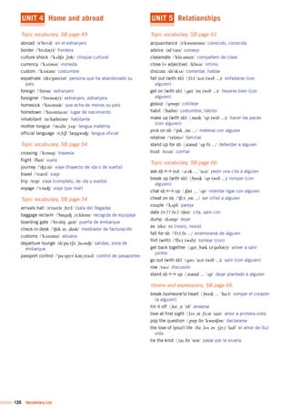 120 Vocabulary List
UNIT 4 Home and abroad
Topic vocabulary, SB page 49
abroad /@"brO:d/	 en el extranjero
border /"bO:d@(r)/	 frontera
culture shock /"kVlÍ@	%SQk/	 choque cultural
currency /"kVr@nsi/	 moneda
custom /"kVst@m/	 costumbre
expatriate /eks"p&tri@t/	 persona que ha abandonado su
país
foreign /"fQr@n/	 extranjero
foreigner /"fQr@n@(r)/	 extranjero, extranjera
homesick /"h@UmsIk/	 que echa de menos su país
hometown /"h@UmtaUn/	 lugar de nacimiento
inhabitant /In"h&bIt@nt/	 habitante
mother tongue /"mVD@	%tVN/	 lengua materna
official language /@%fISl	"l&NgwIÙ/	 lengua oficial
Topic vocabulary, SB page 54
crossing /"krQsIN/	 travesía
flight /flaIt/	 vuelo
journey /"Ù3:ni/	 viaje (trayecto de ida o de vuelta)
travel /"tr&vl/	 viaje
trip /trIp/	 viaje (completo, de ida y vuelta)
voyage /"vOIIÙ/	 viaje (por mar)
Topic vocabulary, SB page 54
arrivals hall /@"raIvlz	%hO:l/	 (sala de) llegadas
baggage reclaim /"b&gIÙ	%ri:kleIm/	 recogida de equipaje
boarding gate /"bO:dIN	%geIt/	 puerta de embarque
check-in desk /"Íek	In	%desk/	 mostrador de facturación
customs /"kVst@mz/	 aduana
departure lounge /dI"pA:tS@	%laUnÙ/	 salidas, zona de
embarque
passport control /"pA:spO:t	k@n%tr@Ul/	 control de pasaportes
UNIT 5 Relationships
Topic vocabulary, SB page 61
acquaintance /@"kweInt@ns/	 conocido, conocida
advice /@d"vaIs/	 consejo
classmate /"klA:smeIt/	 compañero de clase
close (= adjective) /kl@Us/	 íntimo
discuss /dI"skVs/	 comentar, hablar
fall out (with sb) /%fO:l	"aUt	(wID	...)/	 enfadarse (con
alguien)
get on (with sb) /%get	"Qn	(wID	...)/	 llevarse bien (con
alguien)
gossip /"gQsIp/	 cotillear
habit /"h&bIt/	 costumbre, hábito
make up (with sb) /%meIk	"Vp	(wID	...)/	 hacer las paces
(con alguien)
pick on sb /"pIk	%Qn	.../	 meterse con alguien
relative /"rel@tIv/	 familiar
stand up for sb /%st&nd	"Vp	f@	.../	 defender a alguien
trust /trVst/	 confiar
Topic vocabulary, SB page 66
ask sb out /%A:sk	...	"aUt/	 pedir una cita a alguien
break up (with sb) /%breIk	"Vp	(wID	...)	 romper (con
alguien)
chat sb up /%Í&t	...	"Vp/	 intentar ligar con alguien
cheat on sb /"Íi:t	%Qn	.../	 ser infiel a alguien
couple /"kVpl/	 pareja
date (n.) / (v.) /deIt/	 cita, salir con
dump /dVmp/	 dejar
ex /eks/	 ex (novio, novia)
fall for sb /"fO:l	f@	.../	 enamorarse de alguien
flirt (with) /"fl3:t	(wID)/	 tontear (con)
get back together /%get	%b&k	t@"geD@(r)/	 volver a salir
juntos
go out (with sb) /%g@U	"aUt	(wID	...)/	 salir (con alguien)
row /raU/	 discusión
stand sb up /%st&nd	...	"Vp/	 dejar plantado a alguien
Idioms and expressions, SB page 66
break (someone’s) heart /%breIk	...	"hA:t/	 romper el corazón
(a alguien)
hit it off /%hIt	%It	"Qf/	 atraerse
love at first sight /%lVv	@t	%f3:st	"saIt/	 amor a primera vista
pop the question /%pQp	D@	"kwesÍ@n/	 declararse
the love of (your) life /D@	%lVv	@v	%(jO:)	"laIf/	 el amor de (tu)
vida
tie the knot /%taI	D@	"nQt/	 pasar por la vicaría
 