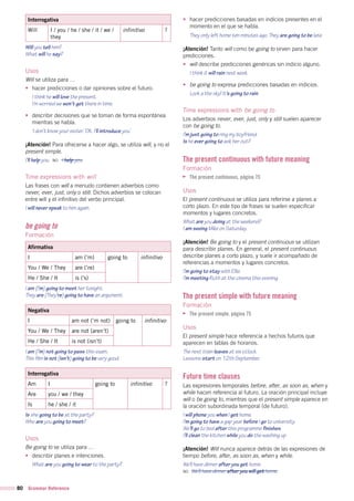 80 Grammar Reference
Interrogativa
Will I / you / he / she / it / we /
they
infinitivo ?
Will you tell him?
What will he say?
Usos
Will se utiliza para …
•	 hacer predicciones o dar opiniones sobre el futuro.
I think he will love the present.
I’m worried we won’t get there in time.
•	 describir decisiones que se toman de forma espontánea
mientras se habla.
‘I don’t know your sister.’ ‘OK. I’ll introduce you.’
¡Atención! Para ofrecerse a hacer algo, se utiliza will, y no el
present simple.
I’ll help you. no I help you.
Time expressions with will
Las frases con will a menudo contienen adverbios como
never, ever, just, only o still. Dichos adverbios se colocan
entre will y el infinitivo del verbo principal.
I will never speak to him again.
be going to
Formación
Afirmativa
I am (’m) going to infinitivo
You / We / They are (’re)
He / She / It is (’s)
I am (I’m) going to meet her tonight.
They are (They’re) going to have an argument.
Negativa
I am not (’m not) going to infinitivo
You / We / They are not (aren’t)
He / She / It is not (isn’t)
I am (I’m) not going to pass this exam.
This film is not (isn’t) going to be very good.
Interrogativa
Am I going to infinitivo ?
Are you / we / they
Is he / she / it
Is she going to be at the party?
Who are you going to meet?
Usos
Be going to se utiliza para …
•	 describir planes e intenciones.
What are you going to wear to the party?
•	 hacer predicciones basadas en indicios presentes en el
momento en el que se habla.
They only left home ten minutes ago. They are going to be late.
¡Atención! Tanto will como be going to sirven para hacer
predicciones.
•	 will describe predicciones genéricas sin indicio alguno.
I think it will rain next week.
•	 be going to expresa predicciones basadas en indicios.
Look a the sky! It’s going to rain.
Time expressions with be going to
Los adverbios never, ever, just, only y still suelen aparecer
con be going to.
I’m just going to ring my boyfriend.
Is he ever going to ask her out?
The present continuous with future meaning
Formación
The present continuous, página 75
Usos
El present continuous se utiliza para referirse a planes a
corto plazo. En este tipo de frases se suelen especificar
momentos y lugares concretos.
What are you doing at the weekend?
I am seeing Mike on Saturday.
¡Atención! Be going to y el present continuous se utilizan
para describir planes. En general, el present continuous
describe planes a corto plazo, y suele ir acompañado de
referencias a momentos y lugares concretos.
I’m going to stay with Ellie.
I’m meeting Ruth at the cinema this evening.
The present simple with future meaning
Formación
The present simple, página 75
Usos
El present simple hace referencia a hechos futuros que
aparecen en tablas de horarios.
The next train leaves at six o’clock.
Lessons start on 12th September.
Future time clauses
Las expresiones temporales before, after, as soon as, when y
while hacen referencia al futuro. La oración principal incluye
will o be going to, mientras que el present simple aparece en
la oración subordinada temporal (de futuro).
I will phone you when I get home.
I’m going to have a gap year before I go to university.
We’ll go to bed after this programme finishes.
I’ll clean the kitchen while you do the washing up.
¡Atención! Will nunca aparece detrás de las expresiones de
tiempo before, after, as soon as, when y while.
We’ll have dinner after you get home.
no We’ll have dinner after you will get home.
 