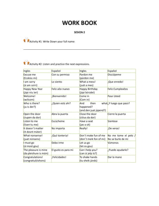 WORK BOOK 
SESION 2 
Activity #1: Write Down your full name: 
____________________________________________________________________ 
Activity #2: Listen and practice the next expressions. Ingles Español Ingles Español Excuse me (Ecskiús mi) Con su permiso Pardon me (párdon me) Discúlpeme I am sorry (ái am sórri) Lo siento What a mess! (juát a mes) ¡Que enredo! Happy New Year (jápi níu íer) Feliz año nuevo Happy Birthday (jápi bérzdei) Feliz Cumpleaños Welcome! (wélcom) ¡Bienvenido! Come in (Com in) Pase Usted Who is there? (ju is der?) ¿Quien está ahi? And then what happened? (and den juat jápend?) ¿Y luego que pasó? Open the door (óupen da dor) Abra la puerta Close the door (clóus da dor) Cierre la puerta Listen to me (lísen tu me) Escúcheme Have a seat (jav a sit) Síentese It doesn’t matter (it dosnt máter) No importa Really! ¡De veras! What nonsense! (juat nónsens) ¡Qué tontería! Don’t make fun of me (don’t meik fon of mí) No me tome el pelo / No se burle de mí I must go (ái most gou) Debo irme Let us go (let os gou) Vámonos The pleasure is mine (da pleishure is máin) El gusto es para mí Can I help you? (can ái jelp iú?) ¿Puedo ayudarle? Congratulations! (congratiuléishons) ¡Felicidades! To shake hands (tu sheik jánds) Dar la mano 
 