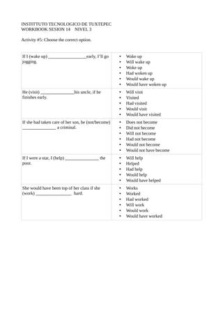 INSTITTUTO TECNOLOGICO DE TUXTEPEC 
WORKBOOK SESION 14 NIVEL 3 
Activity #5: Choose the correct option. 
If I (wake up) _________________early, I’ll go 
jogging. 
• Wake up 
• Will wake up 
• Woke up 
• Had woken up 
• Would wake up 
• Would have woken up 
He (visit) _______________his uncle, if he 
finishes early. 
• Will visit 
• Visited 
• Had visited 
• Would visit 
• Would have visited 
If she had taken care of her son, he (not/become) 
_______________ a criminal. 
• Does not become 
• Did not become 
• Will not become 
• Had not become 
• Would not become 
• Would not have become 
If I were a star, I (help) _______________ the 
poor. 
• Will help 
• Helped 
• Had help 
• Would help 
• Would have helped 
She would have been top of her class if she 
(work) ________________ hard. 
• Works 
• Worked 
• Had worked 
• Will work 
• Would work 
• Would have worked 
