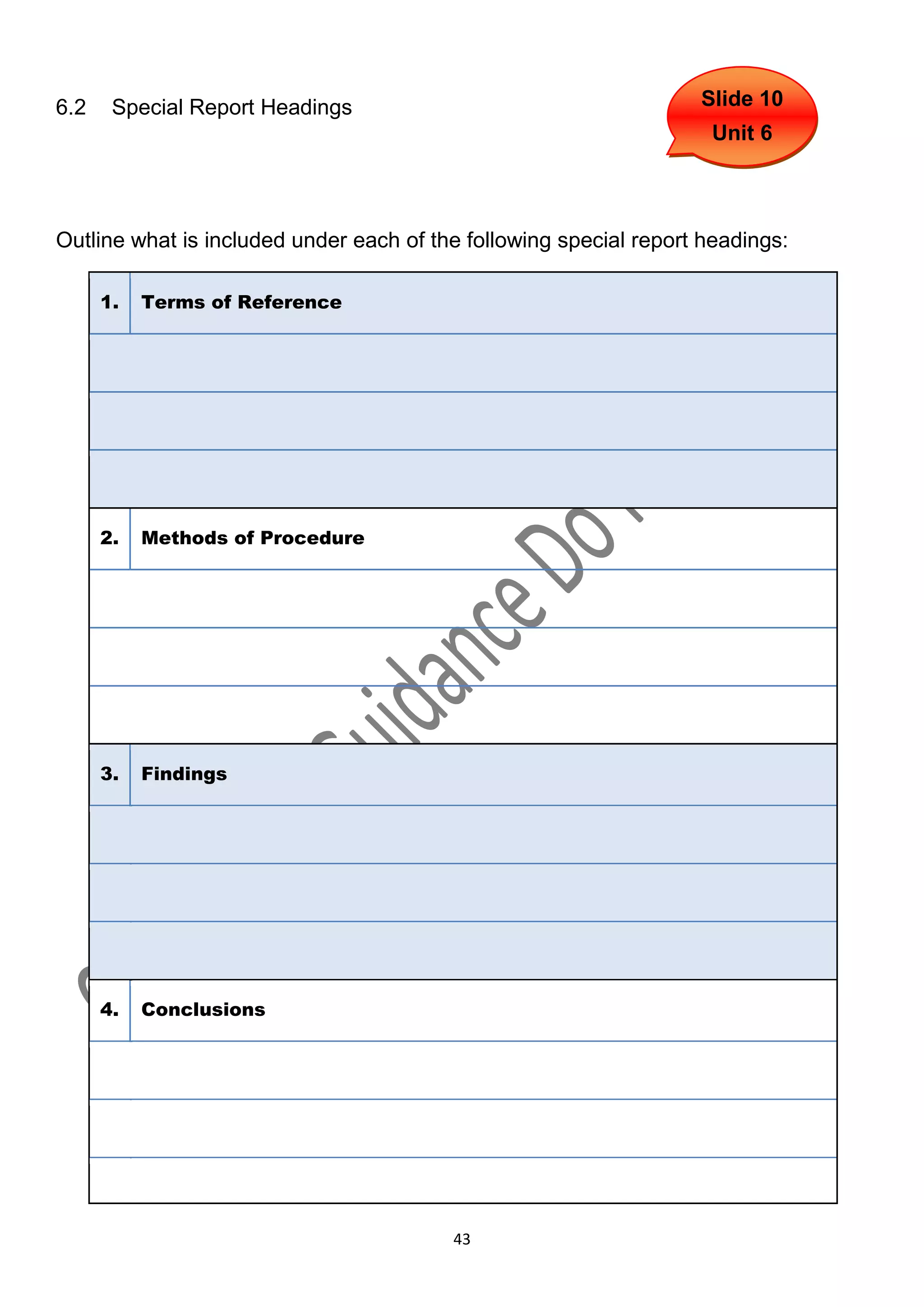 6.2    Special Report Headings                                     Slide 10
                                                                    Unit 6



Outline what is included under each of the following special report headings:

      1.   Terms of Reference




      2.   Methods of Procedure




      3.   Findings




      4.   Conclusions




                                         43
 
