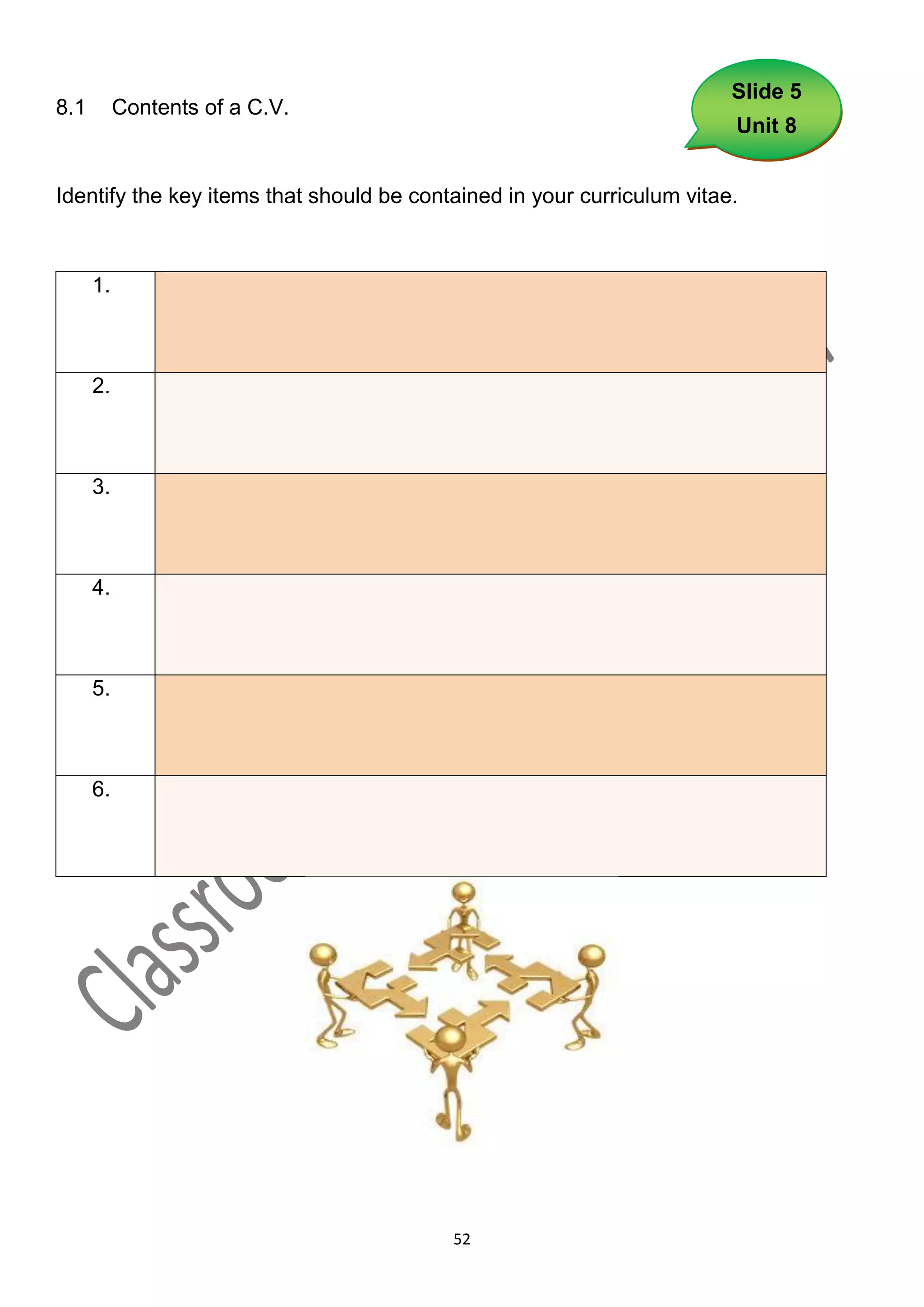 Slide 5
8.1        Contents of a C.V.
                                                                        Unit 8


Identify the key items that should be contained in your curriculum vitae.



      1.



      2.



      3.



      4.



      5.



      6.




                                          52
 