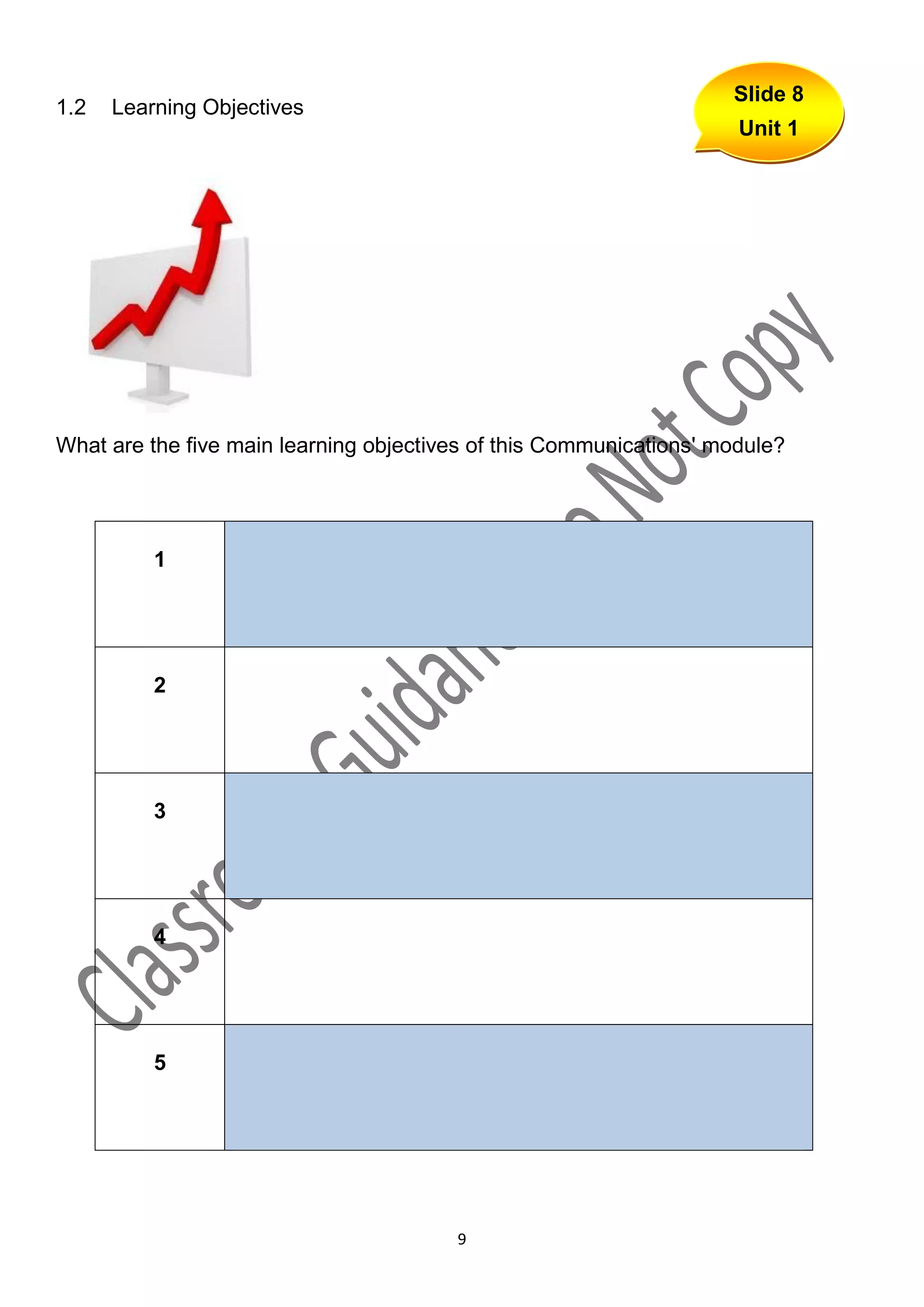 Slide 8
1.2   Learning Objectives
                                                                     Unit 1




What are the five main learning objectives of this Communications' module?




          1




          2




          3




          4




          5




                                        9
 