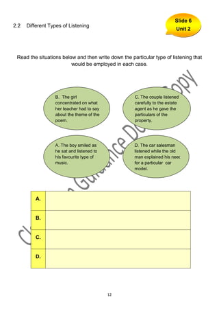 Slide 6
2.2   Different Types of Listening
                                                                          Unit 2




 Read the situations below and then write down the particular type of listening that
                         would be employed in each case.




                  B. The girl                        C. The couple listened
                  concentrated on what               carefully to the estate
                  her teacher had to say             agent as he gave the
                  about the theme of the             particulars of the
                  poem.                              property.




                  A. The boy smiled as               D. The car salesman
                  he sat and listened to             listened while the old
                  his favourite type of              man explained his need
                  music.                             for a particular car
                                                     model.




          A.


          B.


          C.


          D.




                                           12
 