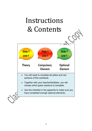 Instructions
     & Contents




 You will need to complete all yellow and red
  sections of this workbook.

 Together with your teacher/facilitator, you will
  choose which green sections to complete.

 Use the checklist in the appendix to make sure you
  have completed enough optional elements.




                          4
 