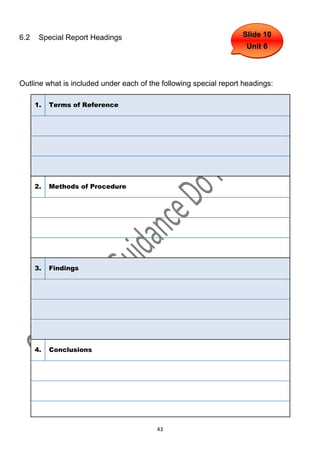 6.2    Special Report Headings                                     Slide 10
                                                                    Unit 6



Outline what is included under each of the following special report headings:

      1.   Terms of Reference




      2.   Methods of Procedure




      3.   Findings




      4.   Conclusions




                                         43
 