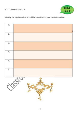 Slide 5
8.1        Contents of a C.V.
                                                                        Unit 8


Identify the key items that should be contained in your curriculum vitae.



      1.



      2.



      3.



      4.



      5.



      6.




                                          52
 