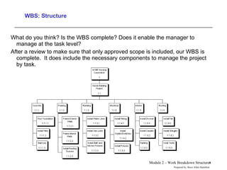 WBS: Structure What do you think? Is the WBS complete? Does it enable the manager to manage at the task level?  After a review to make sure that only approved scope is included, our WBS is complete.  It does include the necessary components to manage the project by task.  