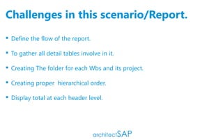 Challenges in this scenario/Report.
 Define the flow of the report.
 To gather all detail tables involve in it.
 Creating The folder for each Wbs and its project.
 Creating proper hierarchical order.
 Display total at each header level.
 