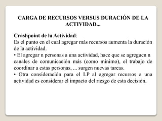 CARGA DE RECURSOS VERSUS DURACIÓN DE LA 
ACTIVIDAD... 
Crashpoint de la Actividad: 
Es el punto en el cual agregar más recursos aumenta la duración 
de la actividad. 
• El agregar n personas a una actividad, hace que se agreguen n 
canales de comunicación más (como mínimo), el trabajo de 
coordinar a estas personas, ... surgen nuevas tareas. 
• Otra consideración para el LP al agregar recursos a una 
actividad es considerar el impacto del riesgo de esta decisión. 
 