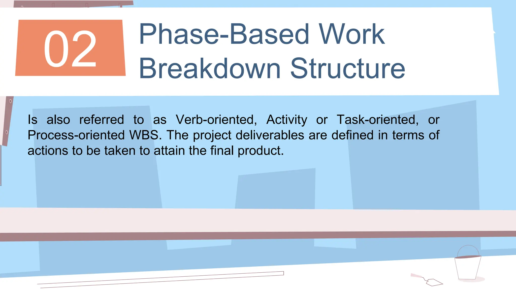 Phase-Based Work
Breakdown Structure
02
Is also referred to as Verb-oriented, Activity or Task-oriented, or
Process-oriented WBS. The project deliverables are defined in terms of
actions to be taken to attain the final product.
 